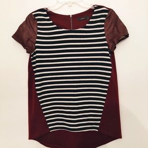 Black/white/maroon Stripped Shirt Leather Sleeves